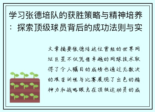 学习张德培队的获胜策略与精神培养：探索顶级球员背后的成功法则与实战经验